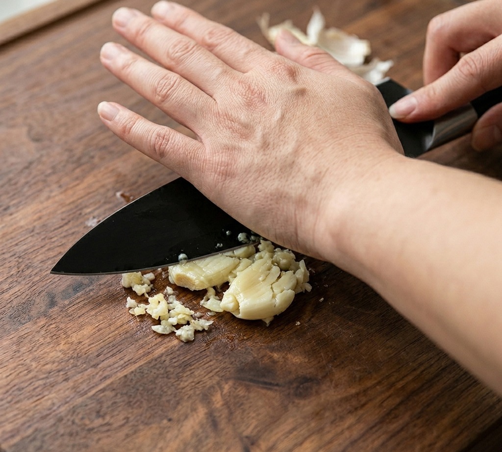 Two garlic cloves lying on a wooden board after being flattened with a knife blade.