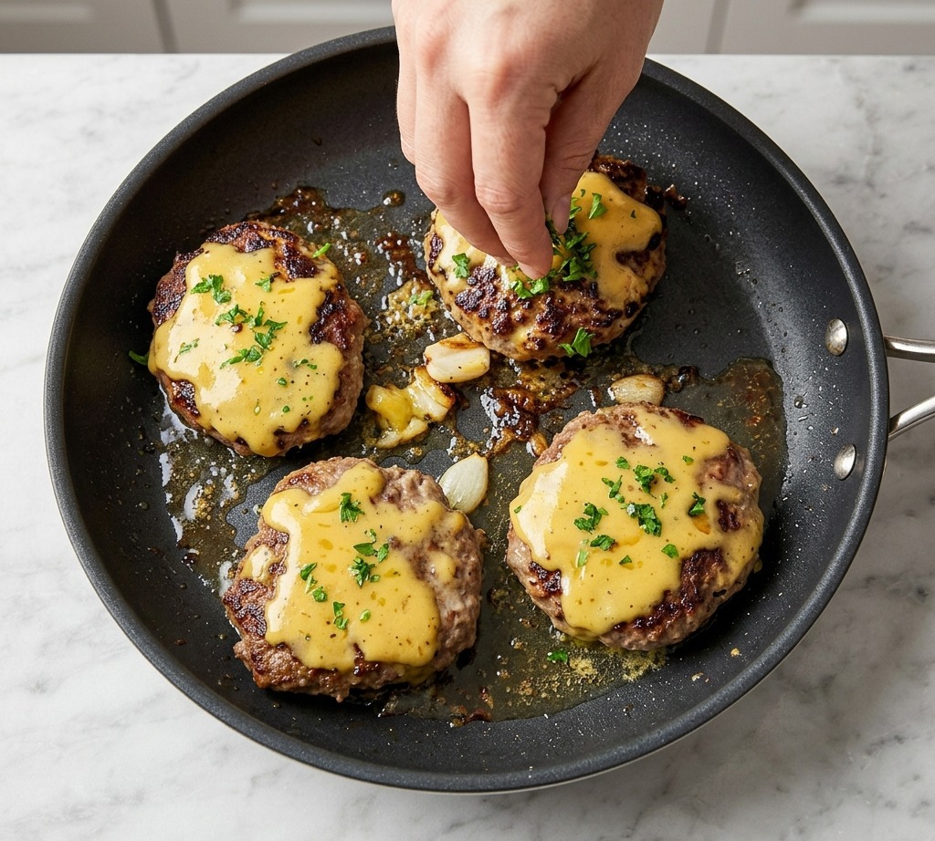 Four cheesy burger patties in a frying pan, freshly garnished with chopped parsley.