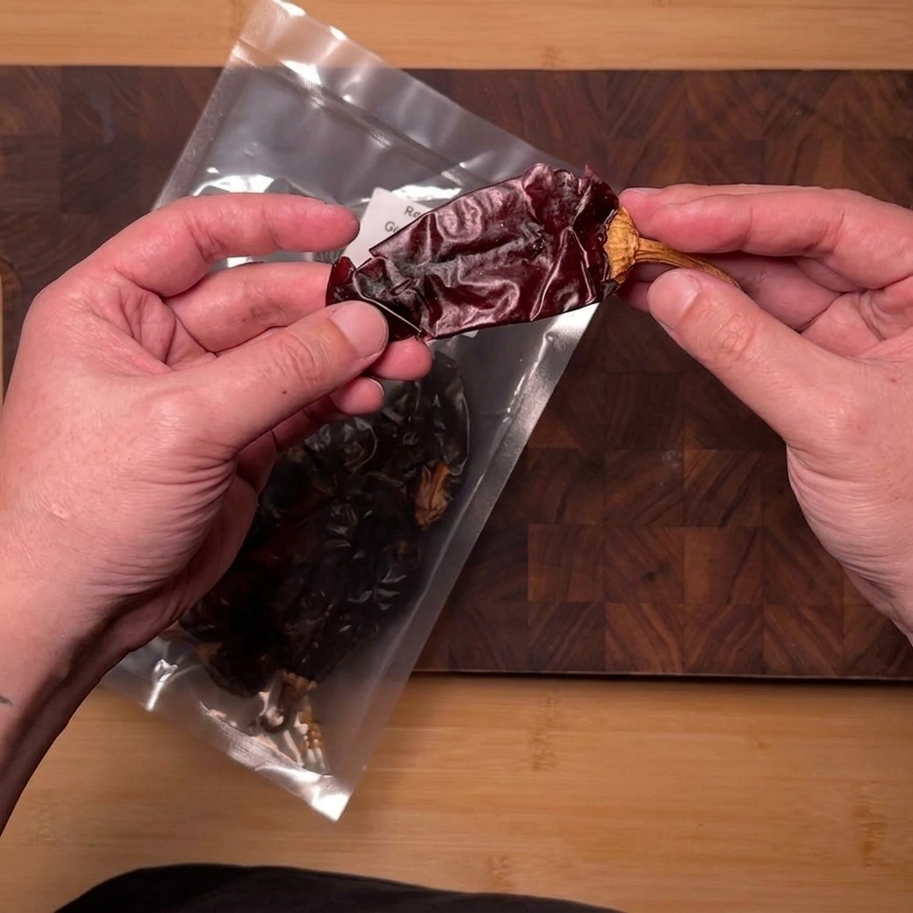 Dried Guajillo chilies being cut into small segments with a pair of scissors over a small bowl.