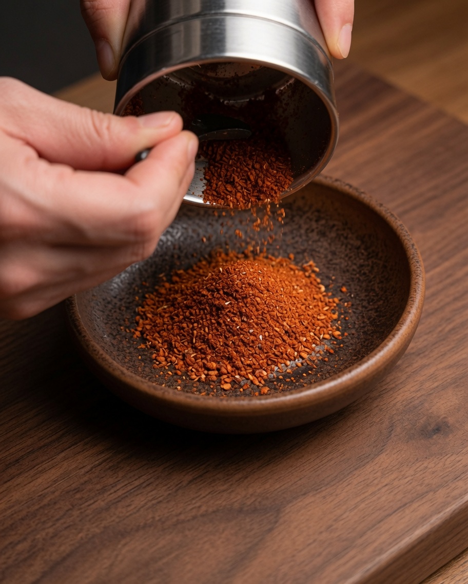 A spice grinder pouring freshly ground red chili and spice powder into a small bowl.
