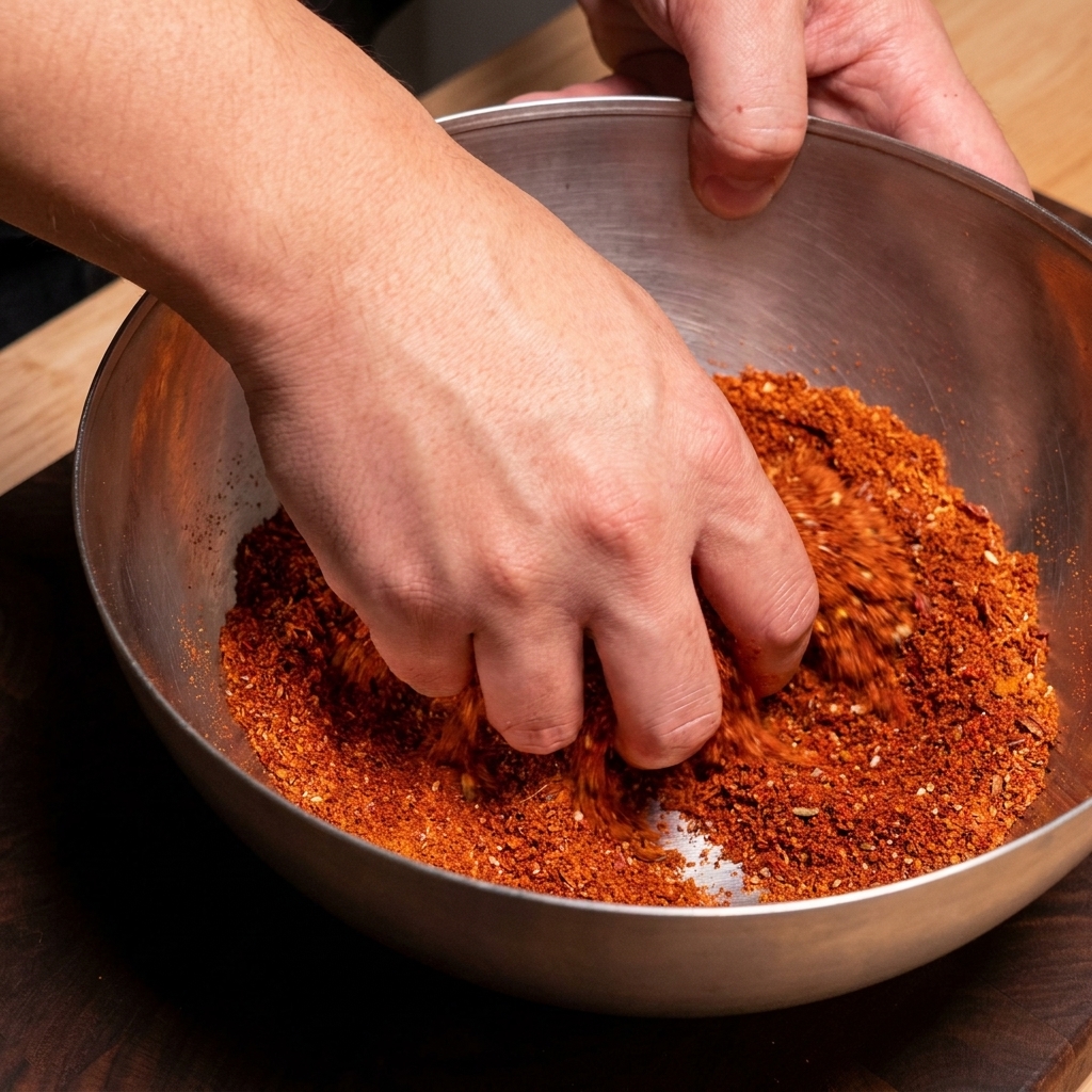 Ground pork being mixed with red spices and seasonings in a metal mixing bowl.