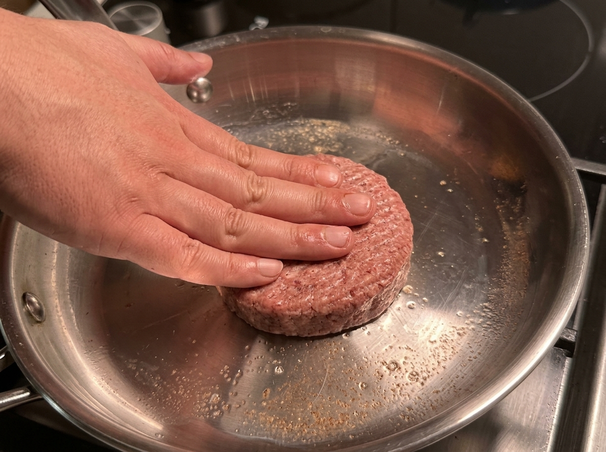 A beef patty being pressed into a stainless steel pan to sear.