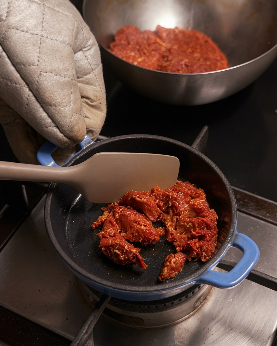 Chorizo meat mixture being cooked and mashed with a spatula in a blue skillet.