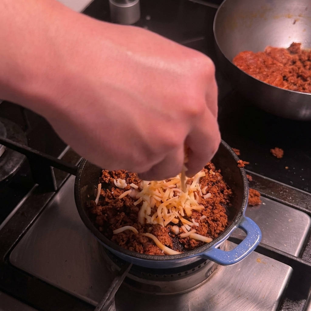 A close-up of shredded Colby Jack cheese being stirred into cooked, browned chorizo meat in a small skillet.