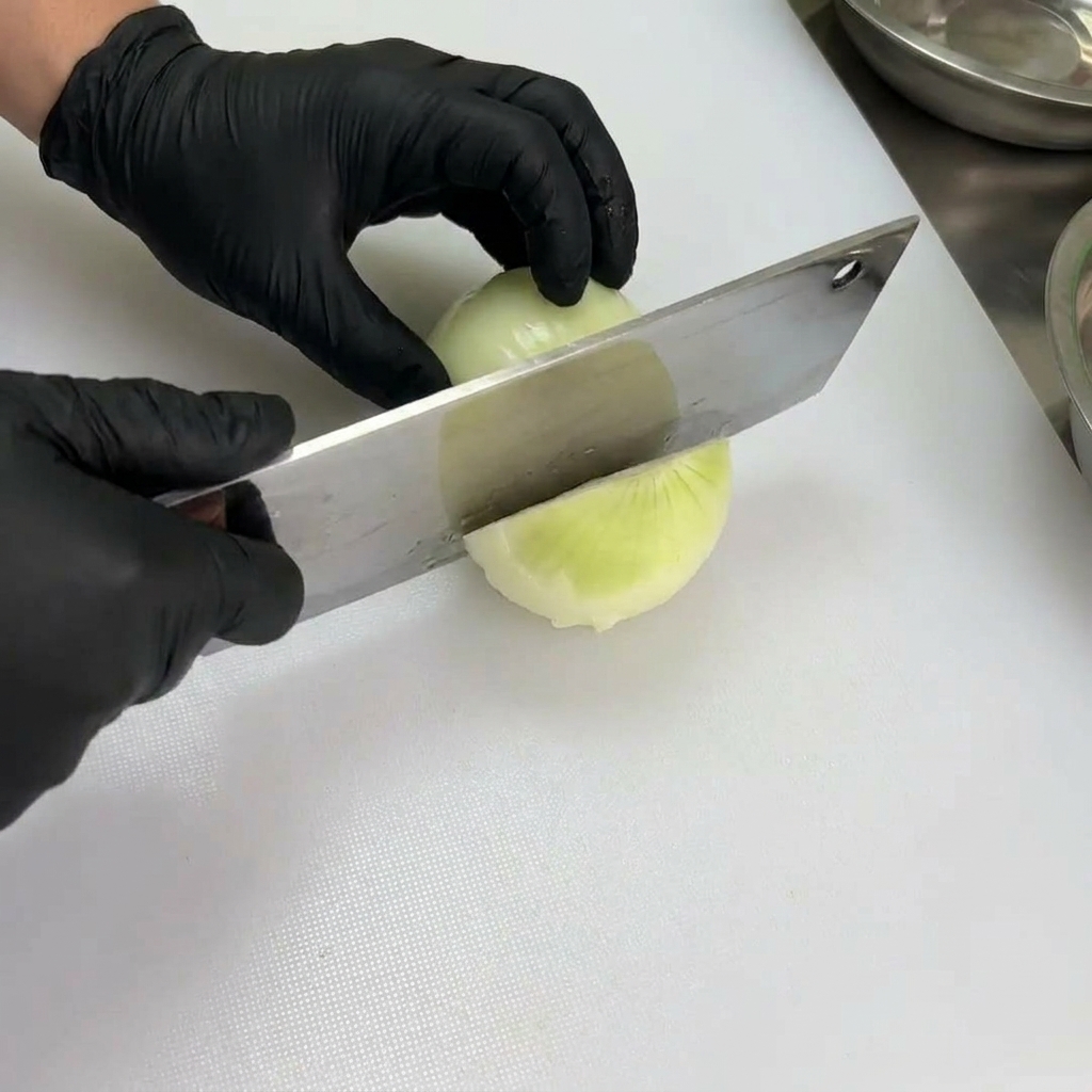 Onion being sliced into uniform pieces on a white cutting board using a professional cleaver.