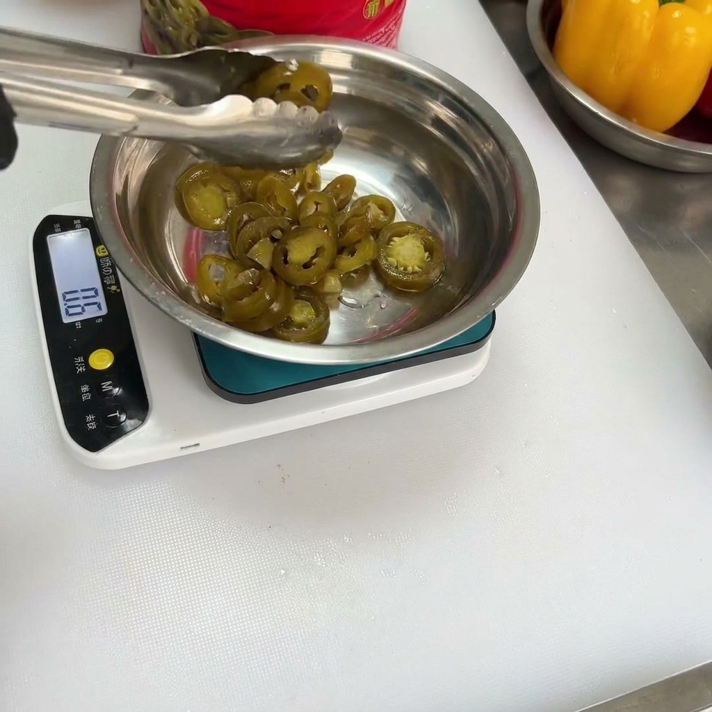 Jalapeno pepper rings being added to the spice mixture in a bowl.