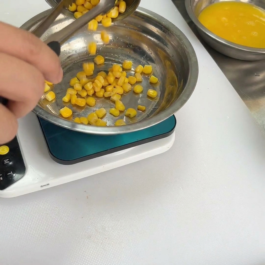 Sweet corn kernels being added to the spice and bean mixture.