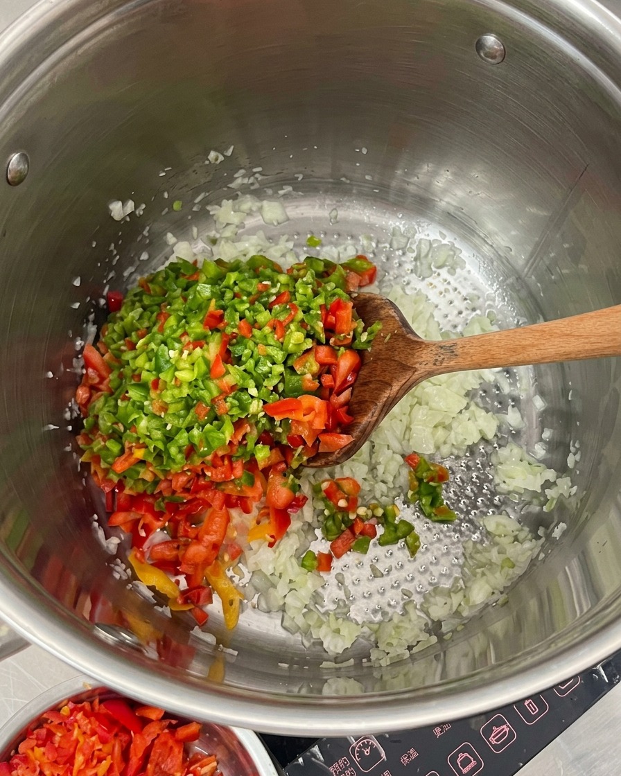 Finely chopped colorful bell peppers being added to a large pot with sautéed onions.