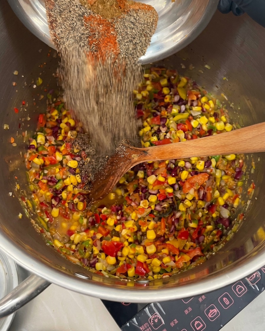 A variety of spices being poured into a pot containing colorful peppers, beans, and corn.