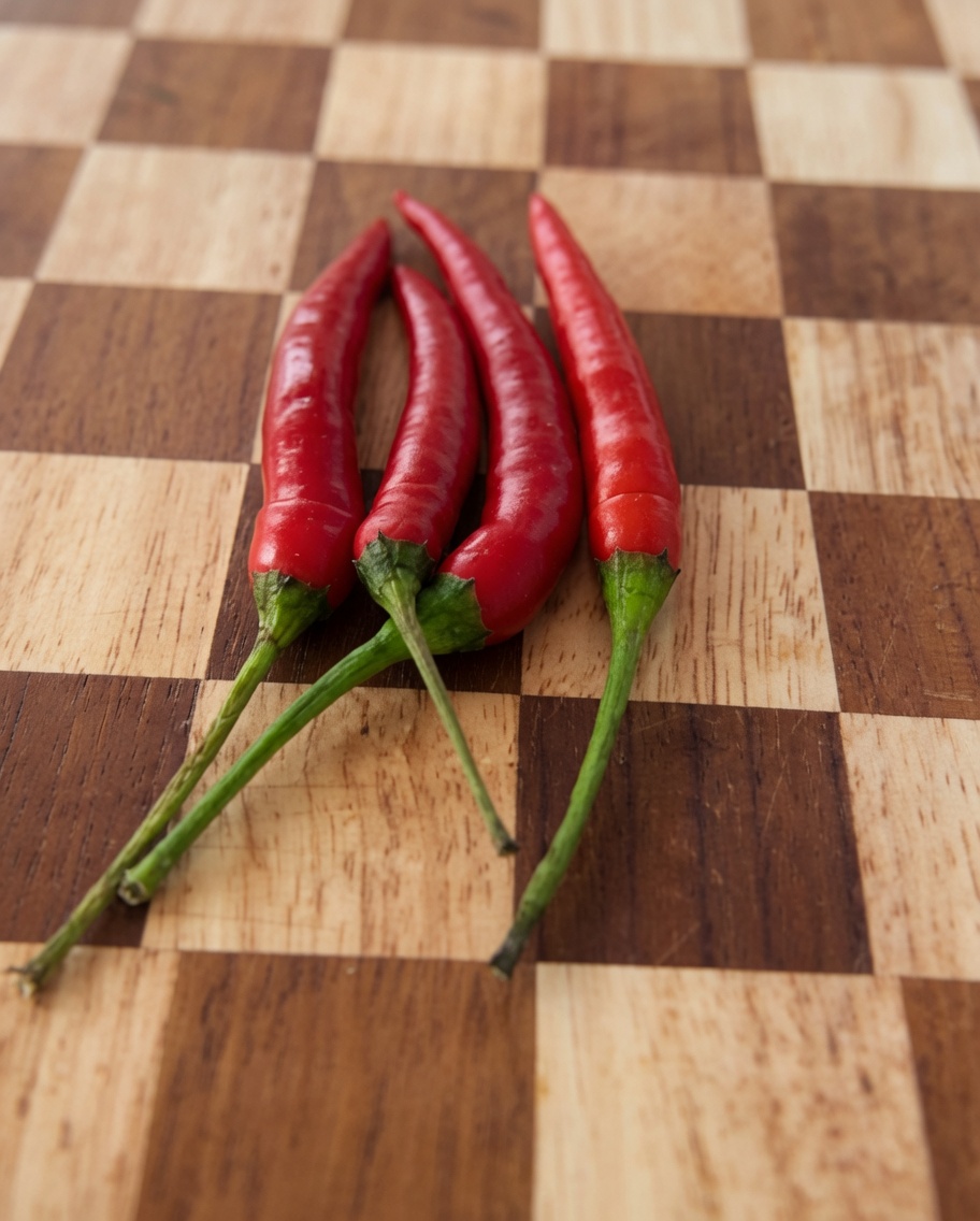 Fresh red chilies being sliced into small pieces on a wooden chopping board.
