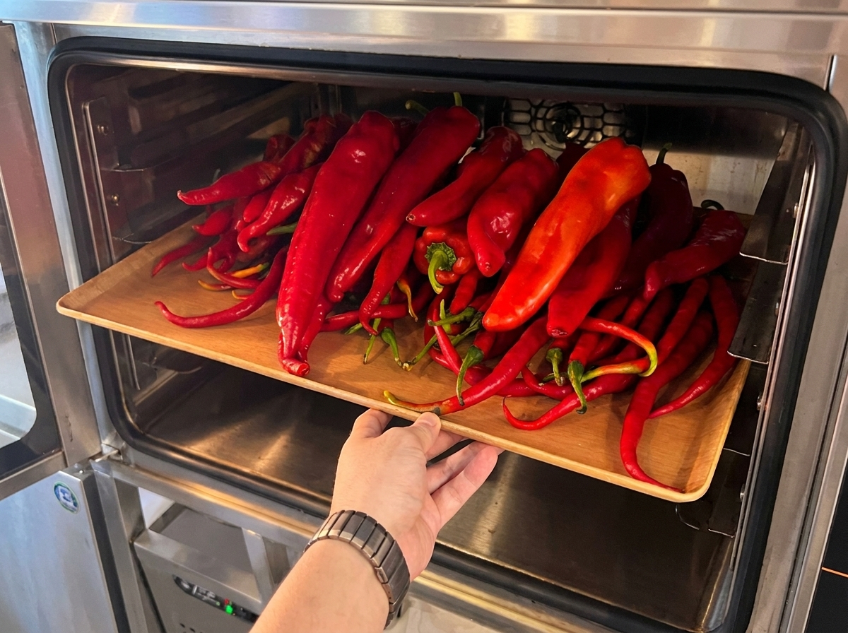 A baking tray filled with fresh red chilies being placed into a preheated oven.