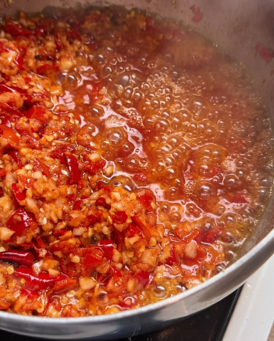 A pan containing the sautéed chili-garlic mixture, with added roasted chili pieces and a melting knob of butter.