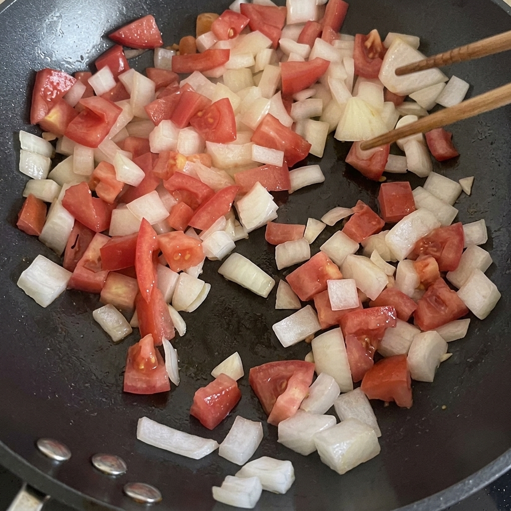 Diced red tomatoes and white onions being sautéed in a pan until softened.