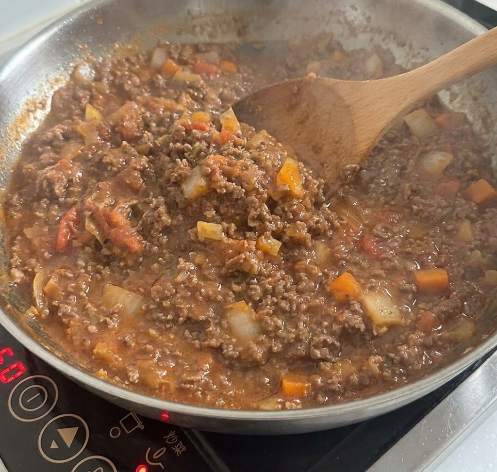 Mexican-style meat sauce simmering and bubbling in a pan, appearing thick and rich.