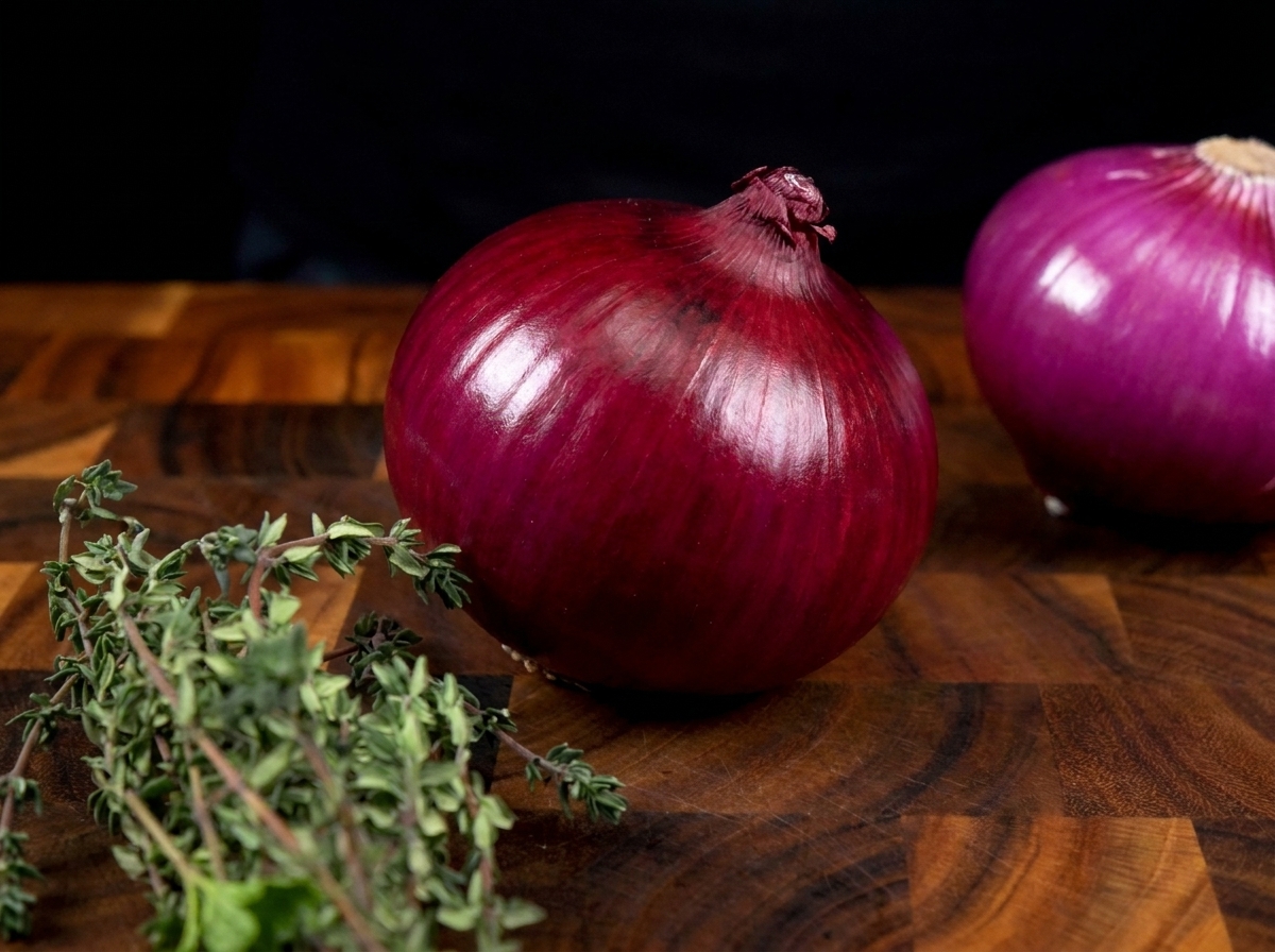 A red onion being carefully cut in half on a wooden surface, with fresh herbs nearby.