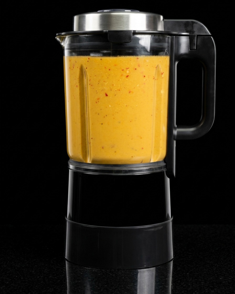 A high-speed blender container filled with a smooth, vibrant orange lobster bisque base.