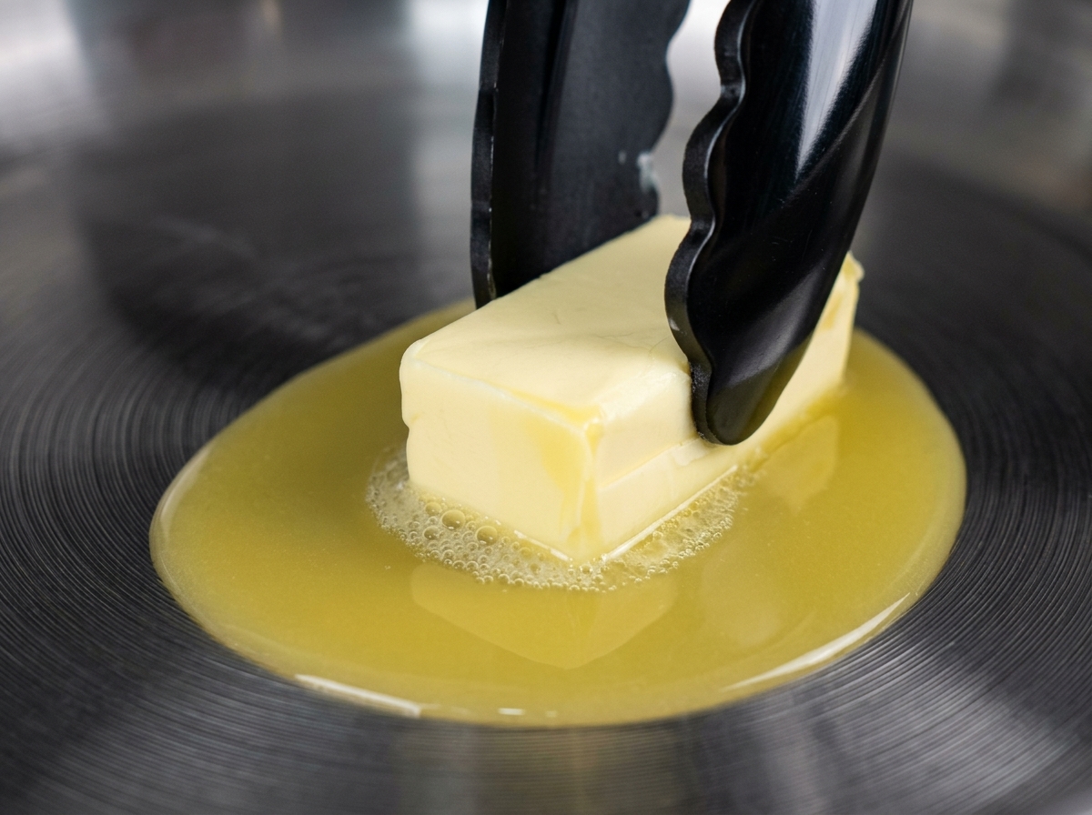 A single lobster tail being basted in foaming, melted butter within a stainless steel skillet using black kitchen tongs.