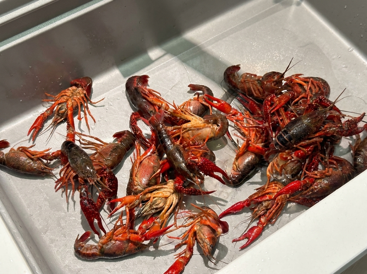 Crayfish being thoroughly cleaned in a kitchen sink under running water.