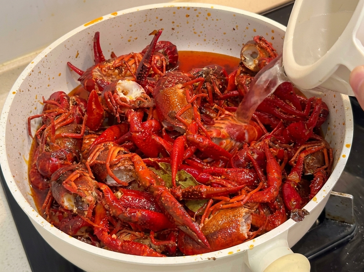 A pan filled with bright red cooked crayfish being infused with hot water and beer.