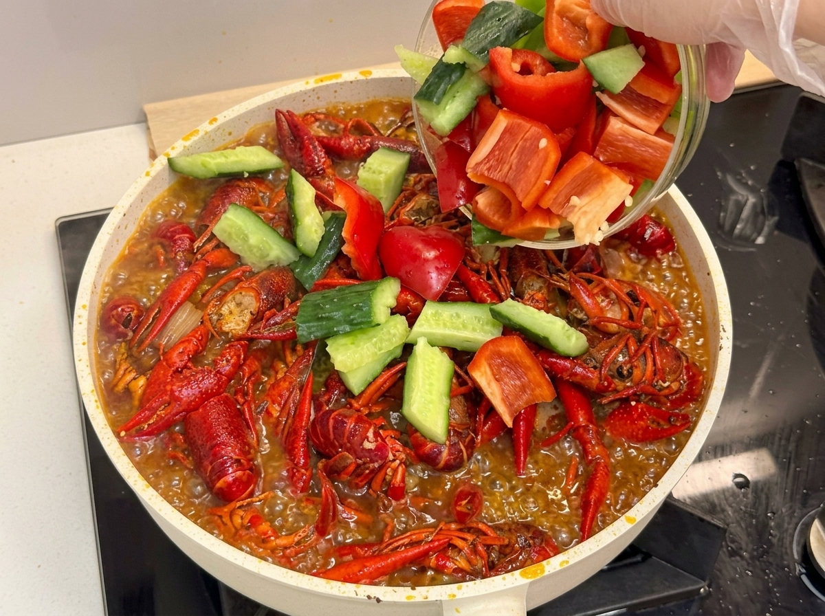 Freshly chopped colorful bell peppers and cucumber chunks being added to a simmering pan of spicy red crayfish.