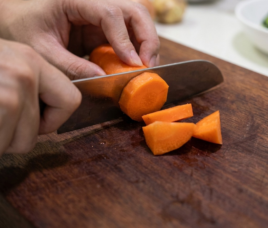 A peeled carrot being cut into small, uneven chunks on a wooden board.