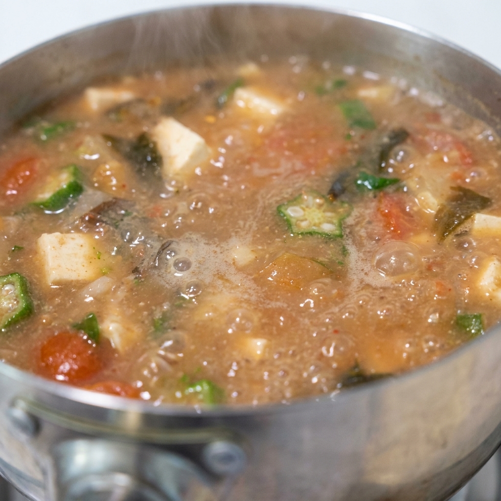 A ladle stirring the boiling miso soup to dissolve the paste completely.