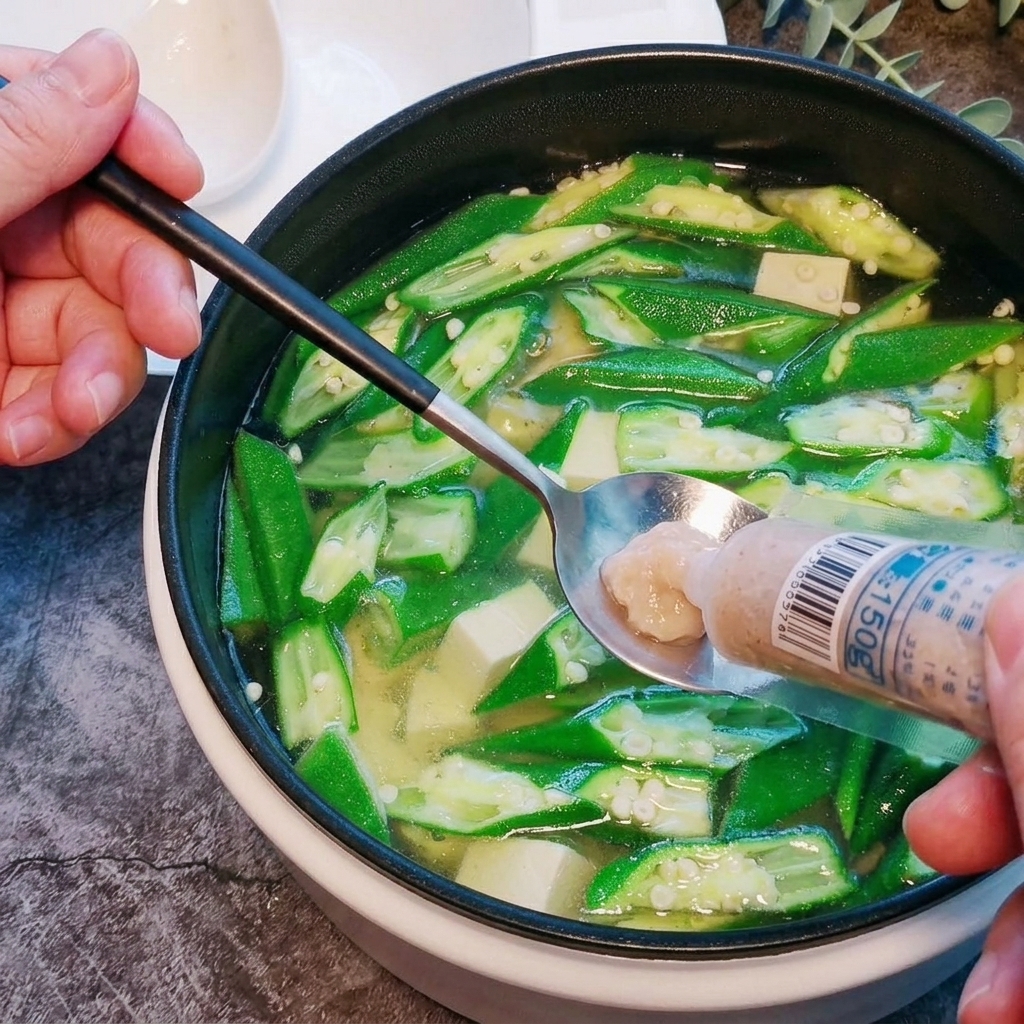 A spoonful of shrimp paste being dropped into a simmering soup pot.