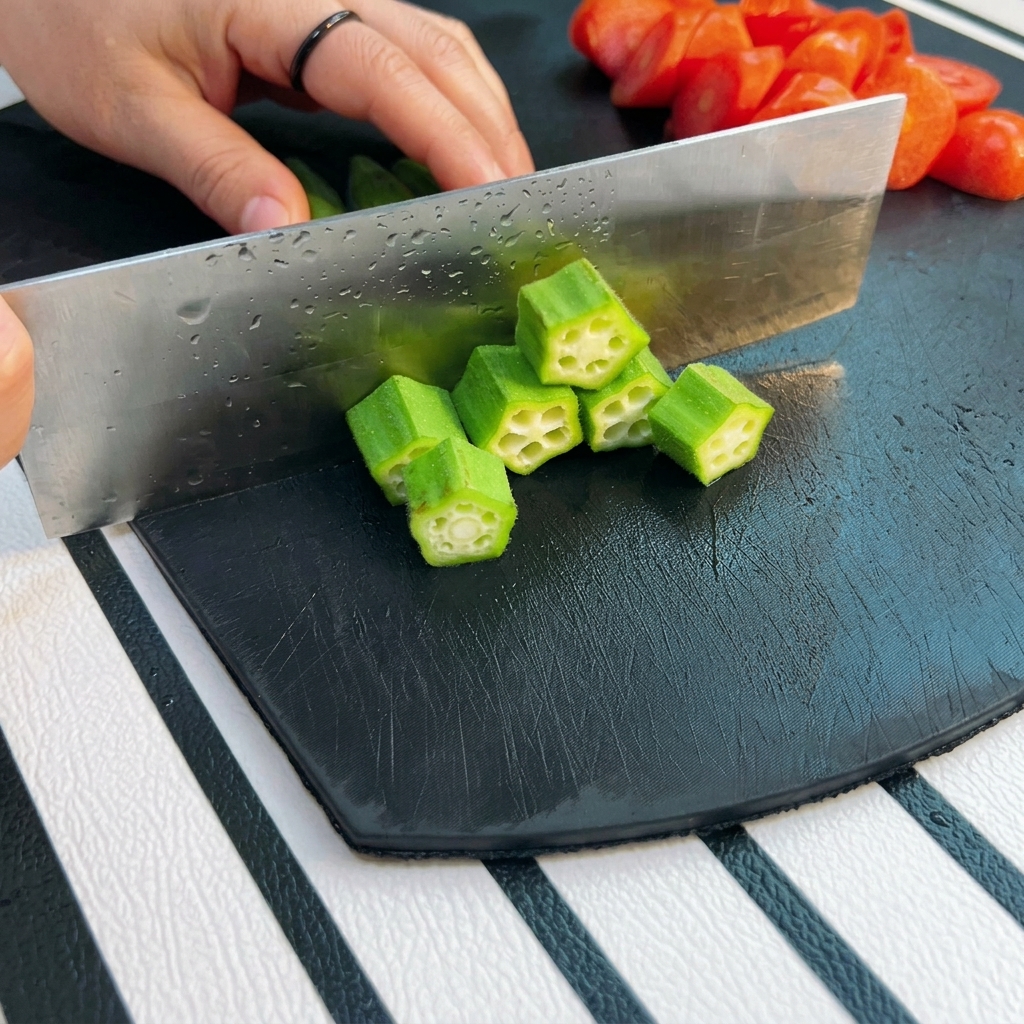 A cooks hand holding a green okra pod while chopping it into small star-shaped sections with a cleaver.