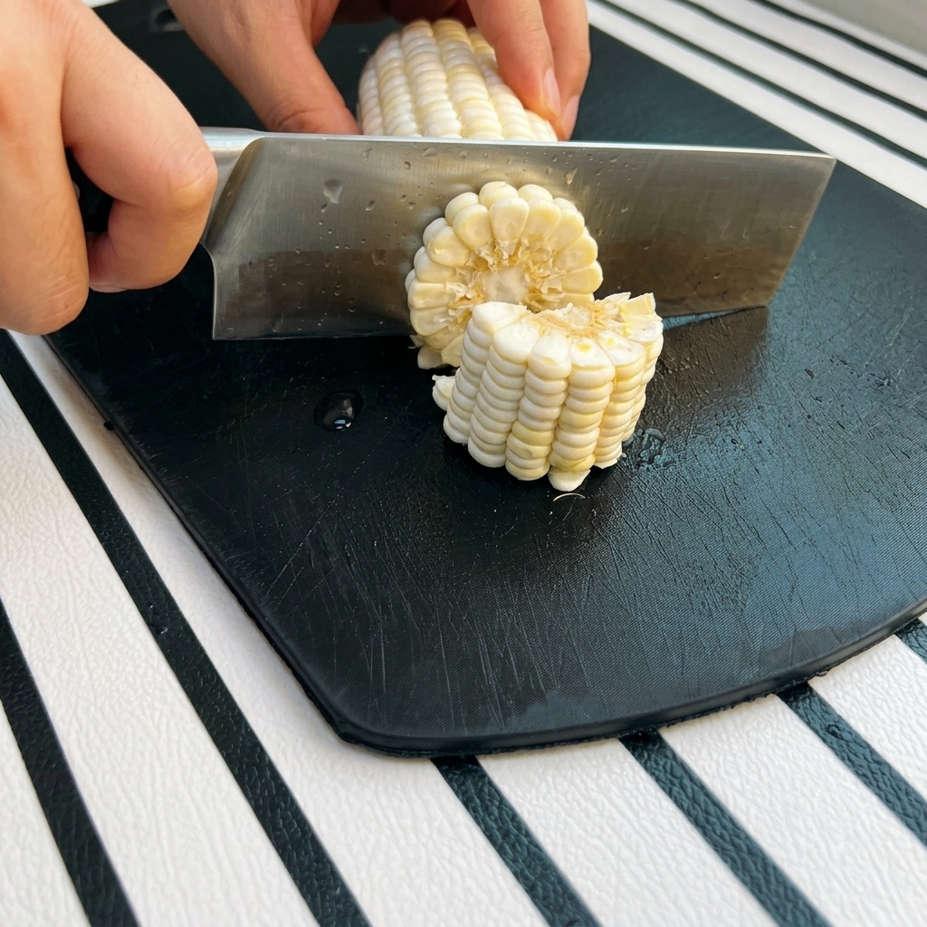 A hand firmly gripping a cob of white and yellow corn while a cleaver slices it into round segments.