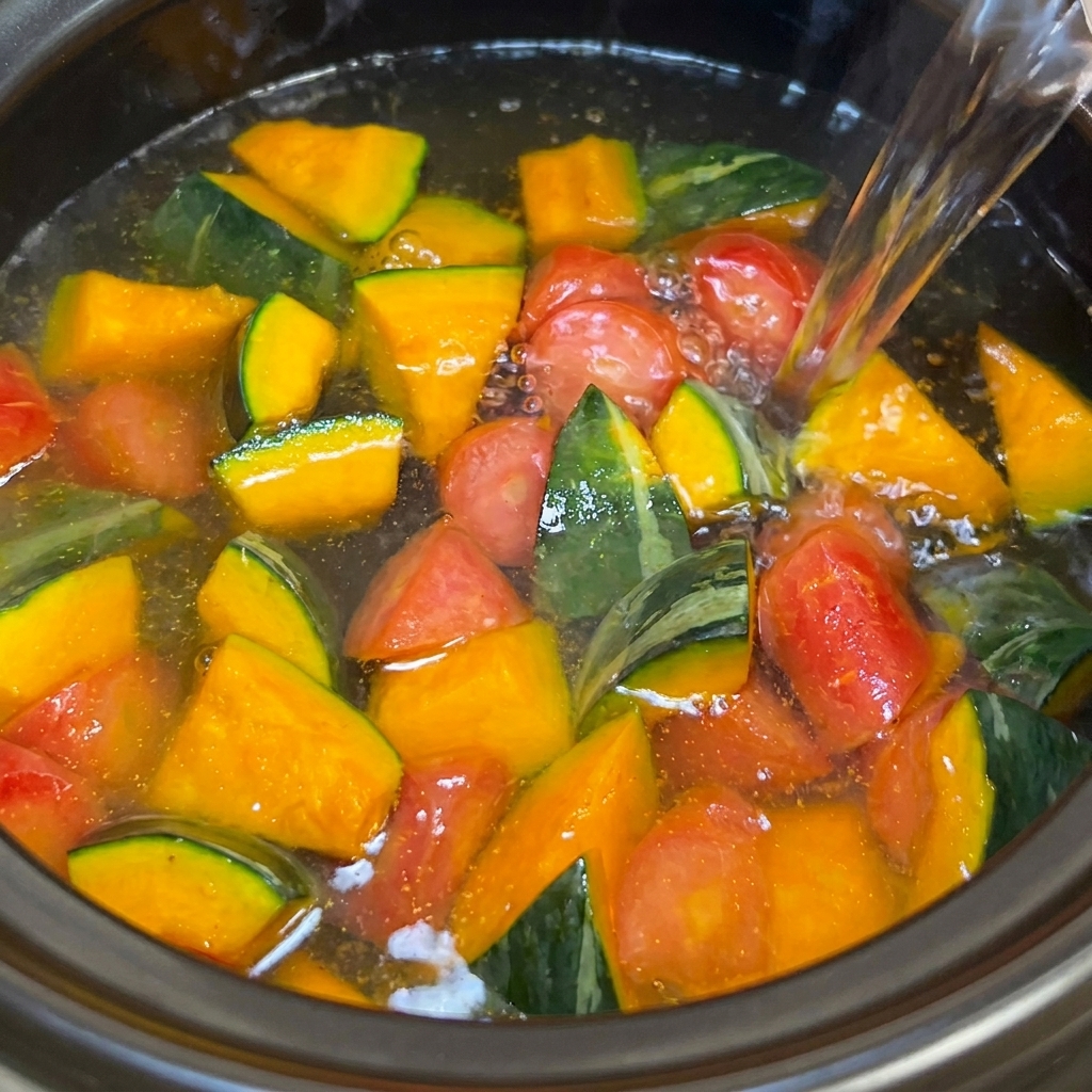 Boiling water being poured from a kettle into a pot containing stir-fried pumpkin and carrot chunks.