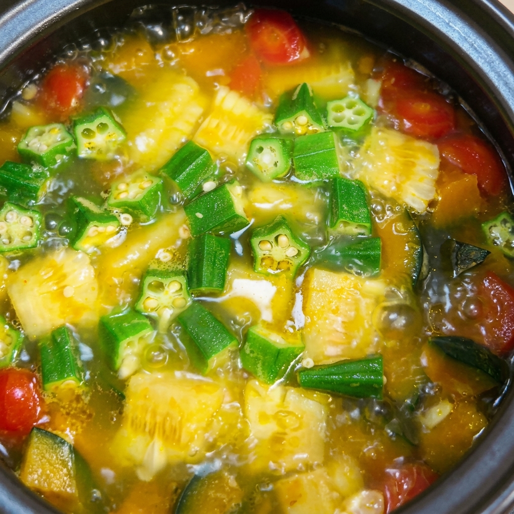 A small measuring spoon pouring salt into a pot of colorful vegetable soup.