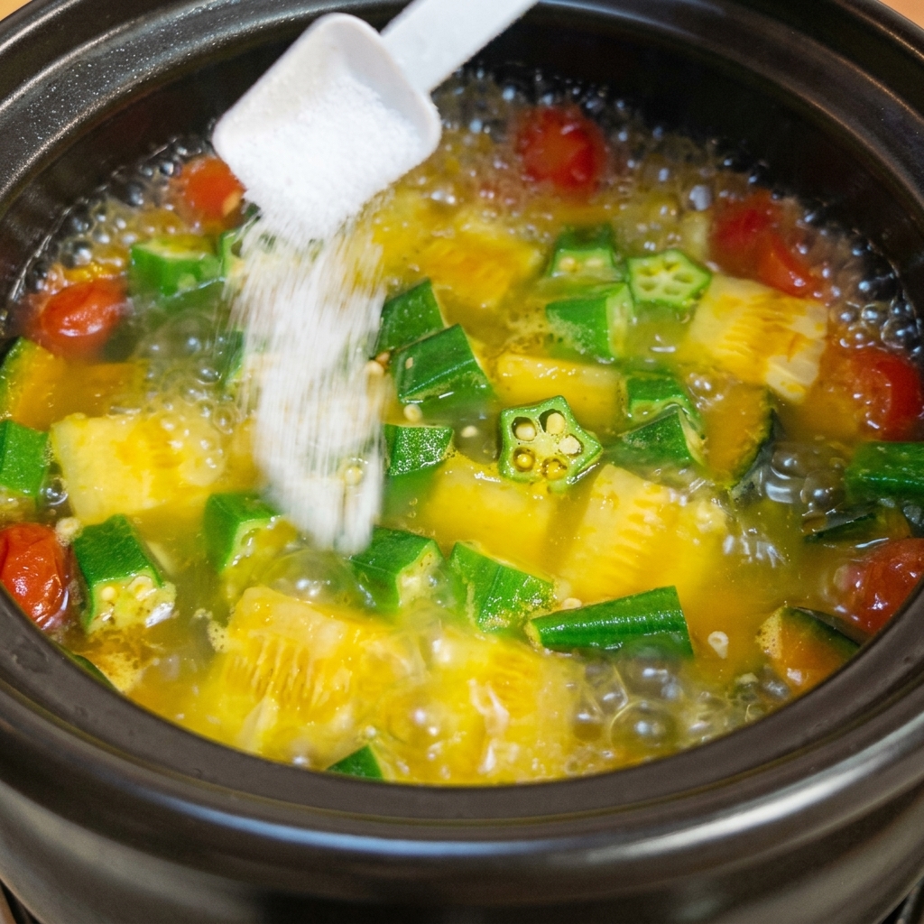 White pepper being sprinkled into a pot of finished vegetable soup, capturing the seasoning process.