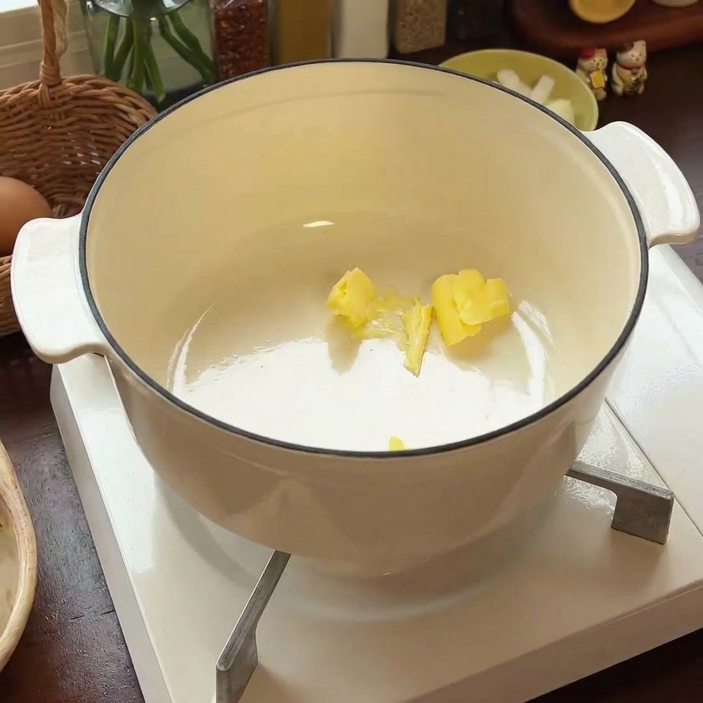 Butter melting in a white enameled pot, creating a golden pool at the bottom.