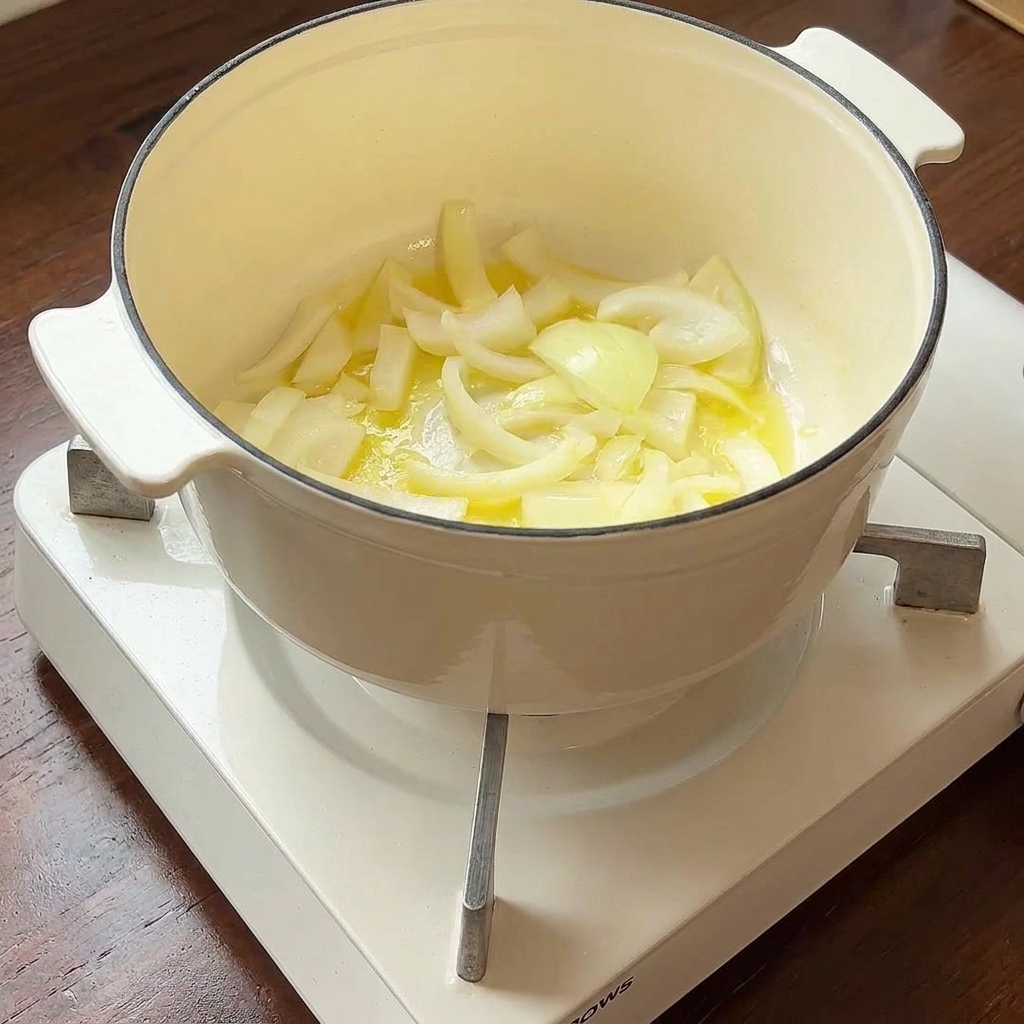 Chopped onions sautéing in a pot with melted butter until soft and aromatic.