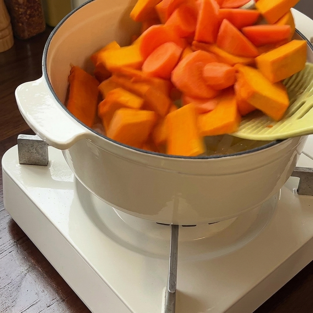 Pumpkin and carrot chunks being stirred into the pot with sautéed onions.