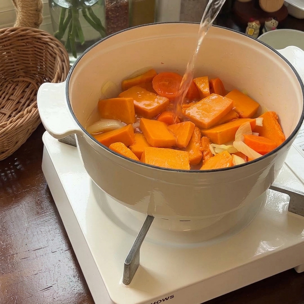 Hot water being poured over vegetables in a pot with a bay leaf added.
