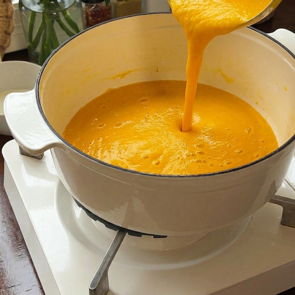 Smooth orange pumpkin soup being poured from a blender container into a white enameled cast iron pot.