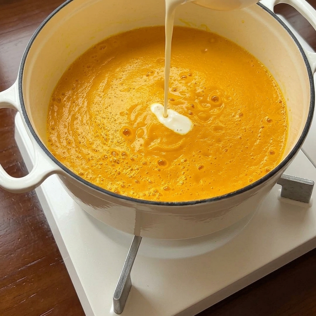 Heavy cream being drizzled into a pot of bright orange pumpkin soup, ready to be stirred.