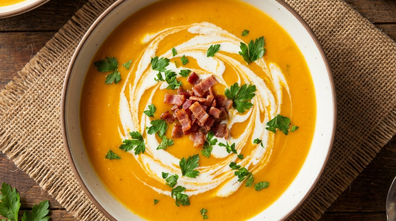 Creamy Pumpkin Soup with Crispy Bacon