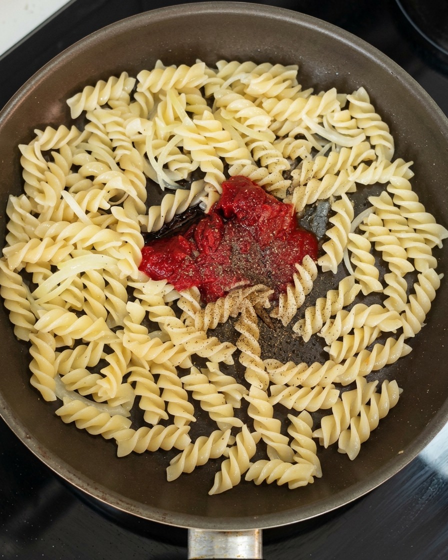A pan containing pasta and onions with a dollop of red tomato paste and seasonings added to the center, ready to be mixed.