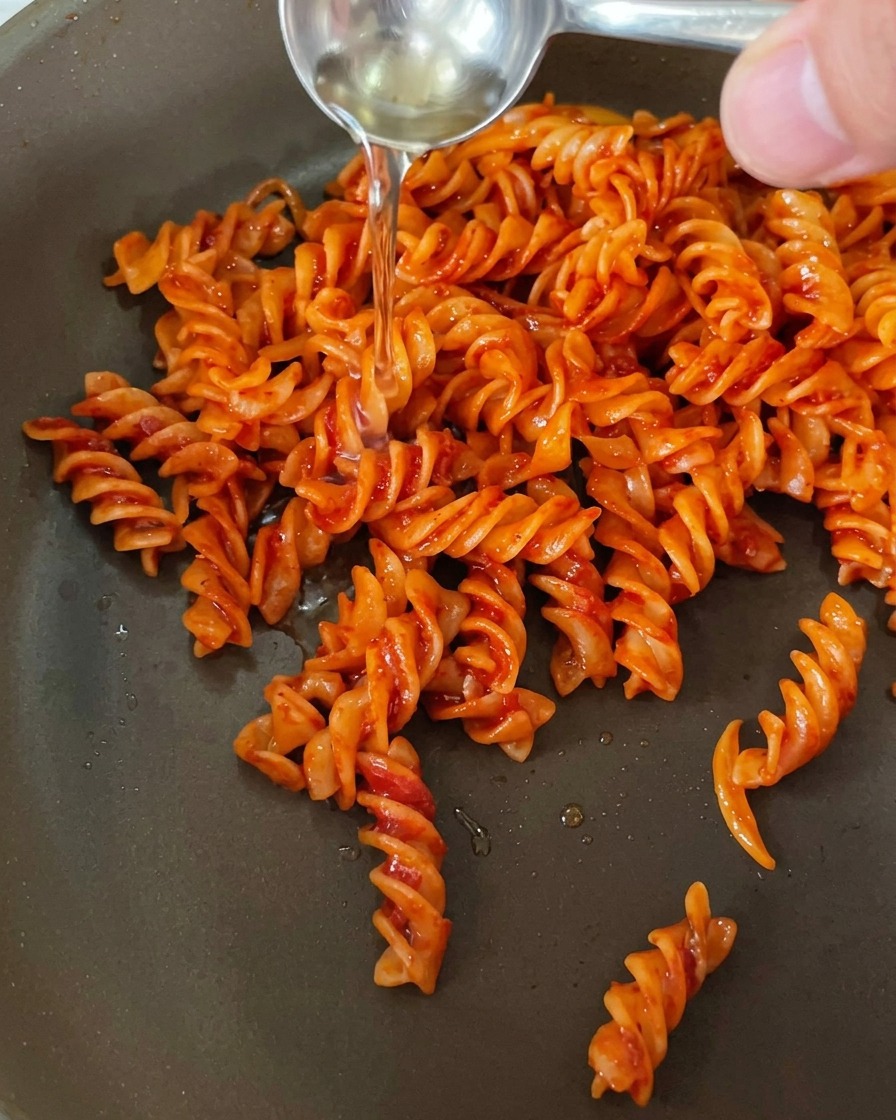 A close-up view of a pan with spiraled pasta and red sauce, with a hand pouring a clear liquid into the pan to flambé the dish.