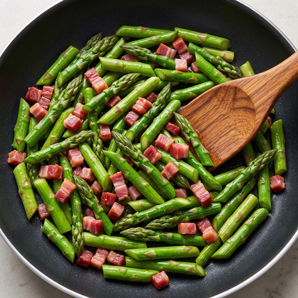 Minced garlic and green onions being mixed into the bacon and asparagus mixture.