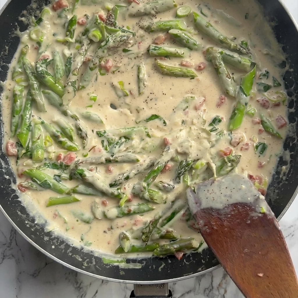 Cooked spaghetti being tossed in the creamy sauce with bacon and asparagus.
