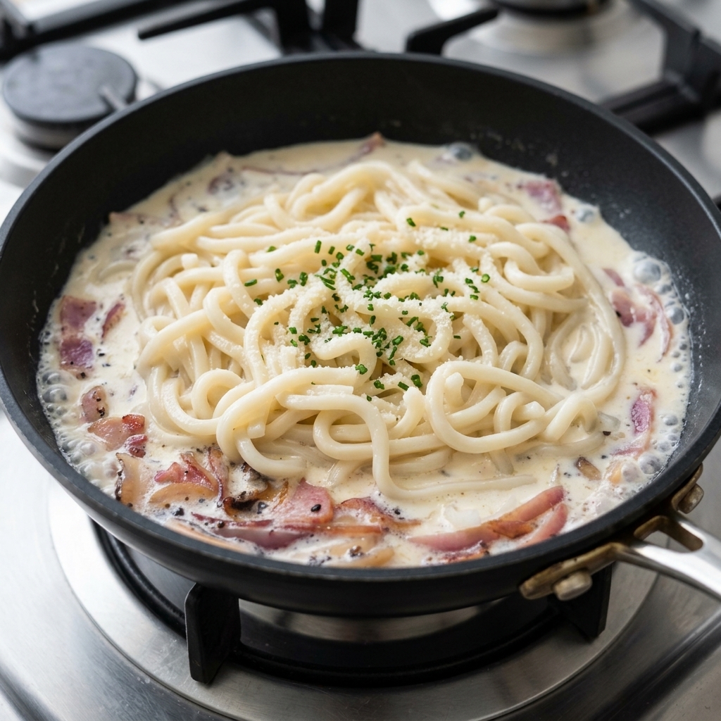 A mound of cooked, thick udon noodles added to a pan filled with creamy sauce, bacon, and mushrooms, topped with fresh herbs.