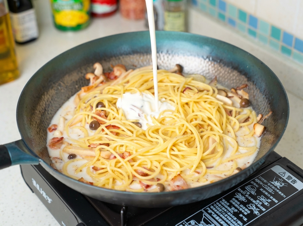 Heavy cream being added to the pan, blending with the milk and pasta to create a rich sauce.