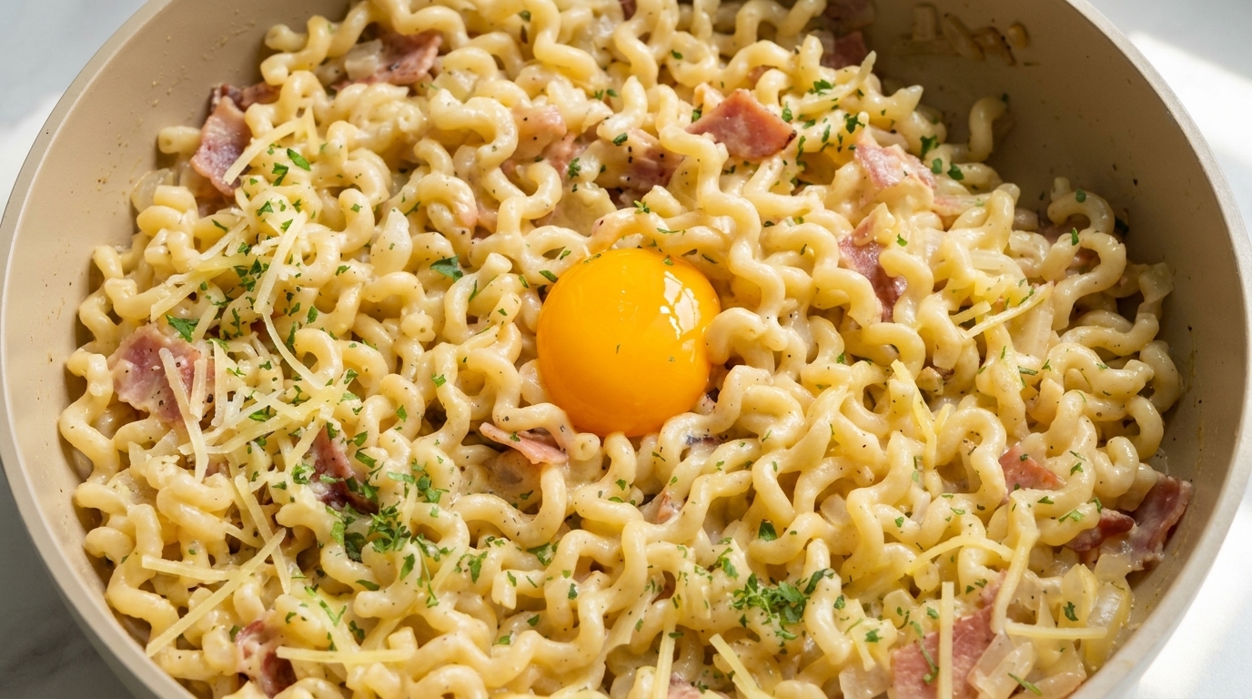 Creamy Bacon Carbonara with Curly Noodles