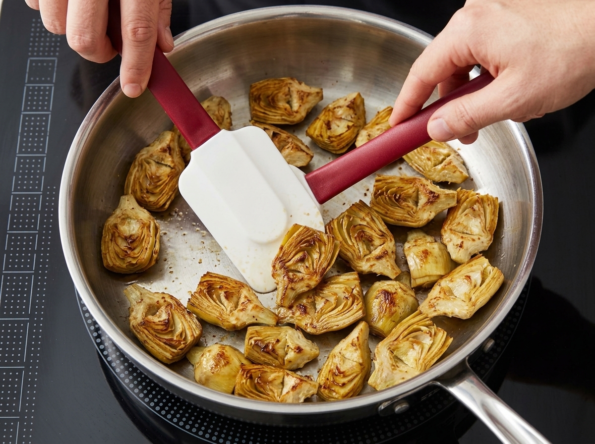 Quartered artichoke hearts sizzling in a wide pan, showing a deep golden-brown crust on their edges.