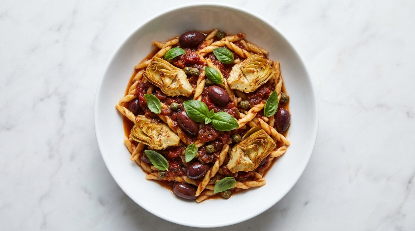 Trofie alla Puttanesca with Artichokes