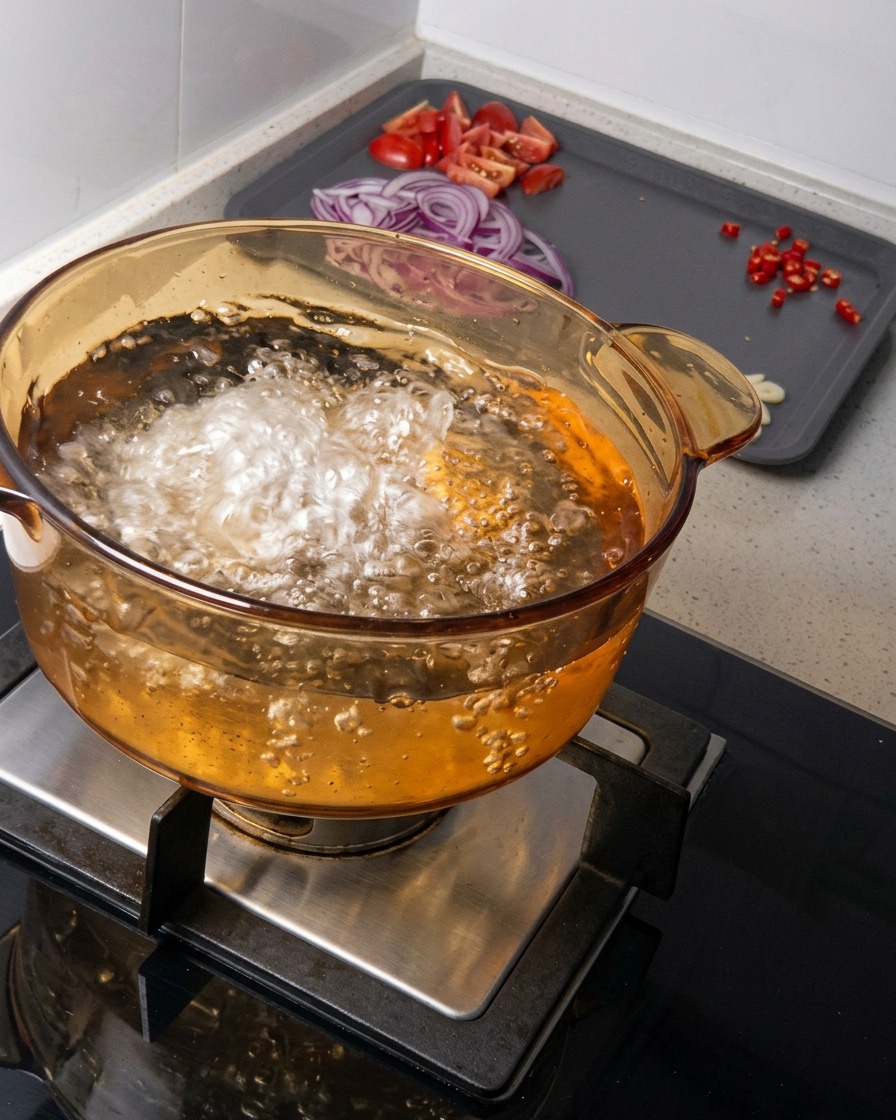 A glass pot filled with vigorously boiling water on a stovetop, with prepped tomatoes, onions, and chilies visible in the background.
