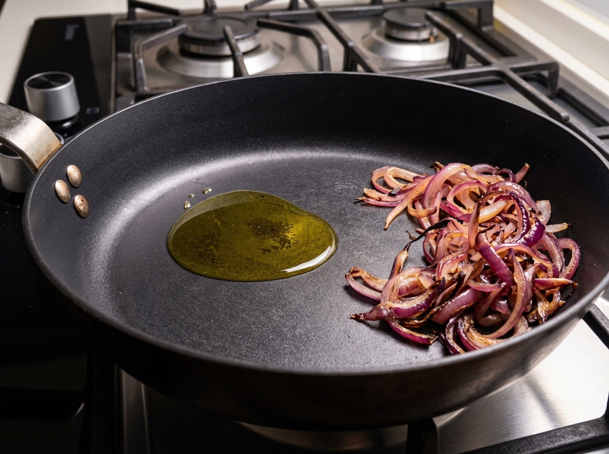 A black frying pan with caramelized red onions pushed to one side and a pool of fresh olive oil on the other.